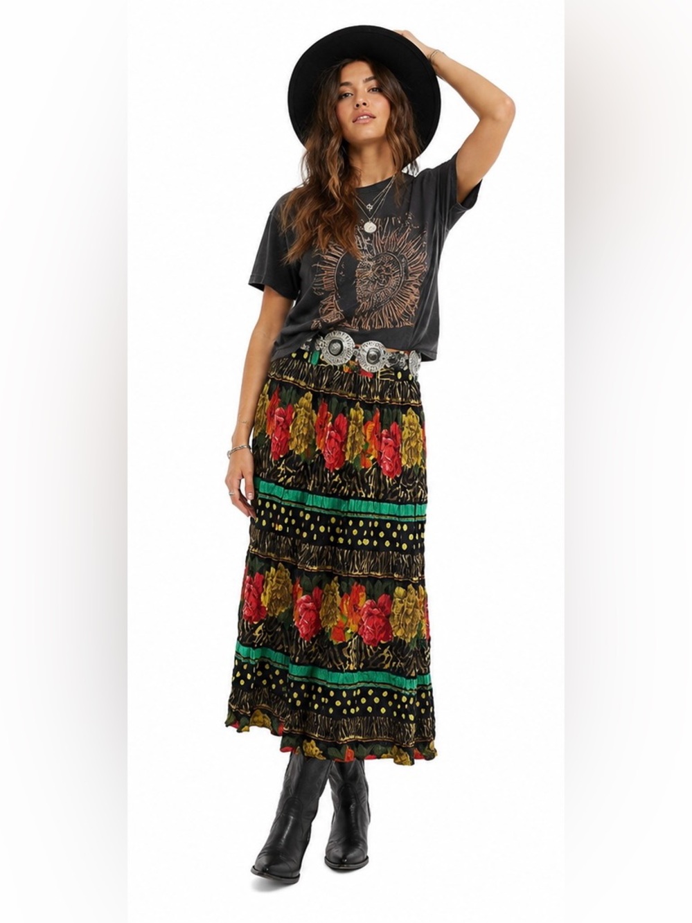 Vintage Itinerary Floral Animal Print Crinkle Midi Maxi Skirt Size 4 (small)
